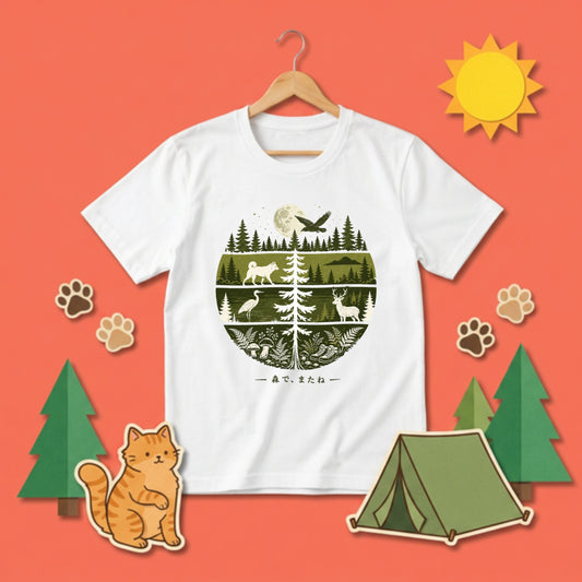 【森で、またね】自然・動物の生態系デザイン白Tシャツ | CAMPMODE