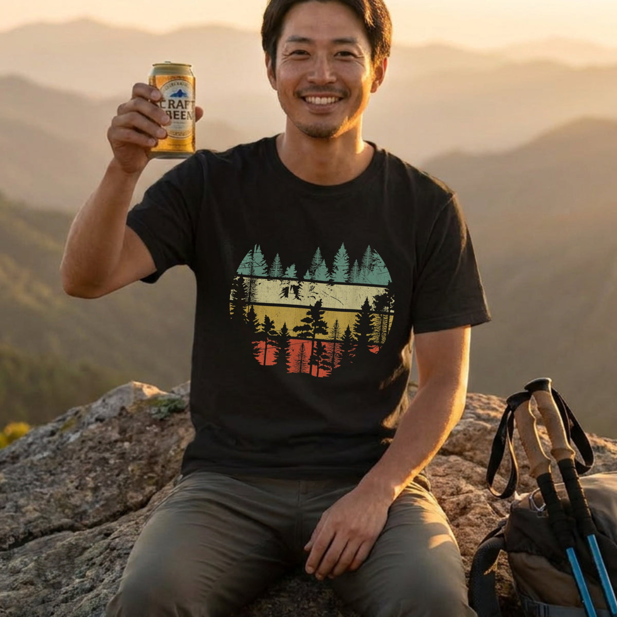 【Vintage Sunset Pine Forest】70sボーダーサンセット＆針葉樹林 黒Tシャツ | CAMPMODE