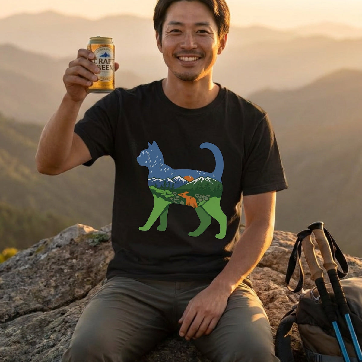 猫と自然風景ダブルエスポージャーTシャツ | CAMPMODE
