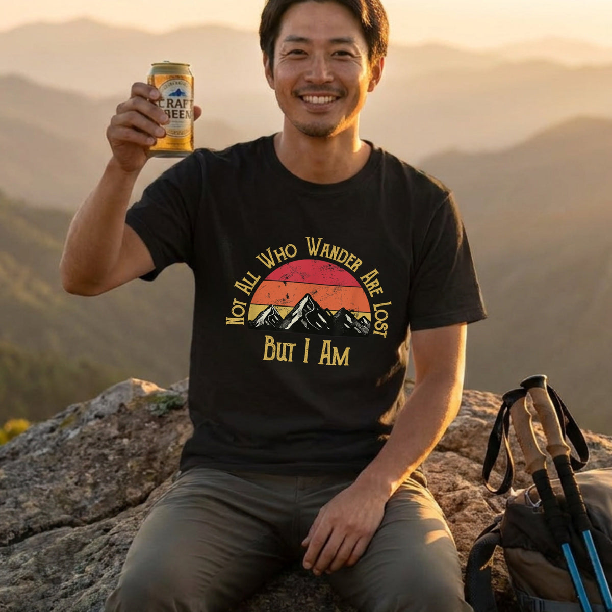 【Not All Who Wander】自虐ユーモア＆レトロ山脈 アメカジ黒Tシャツ | CAMPMODE