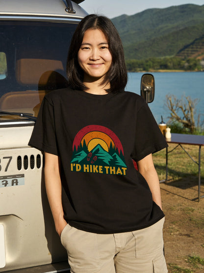 「I'd hike that」ハイキング Tシャツ - レトロ サンセット（夕日）グラフィックTシャツ 登山 キャンプ 服