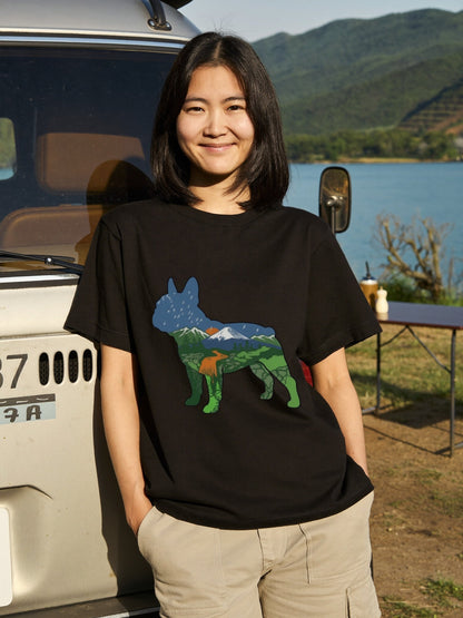 【French Bulldog】自然風景ダブルエスポージャー黒Tシャツ | CAMPMODE