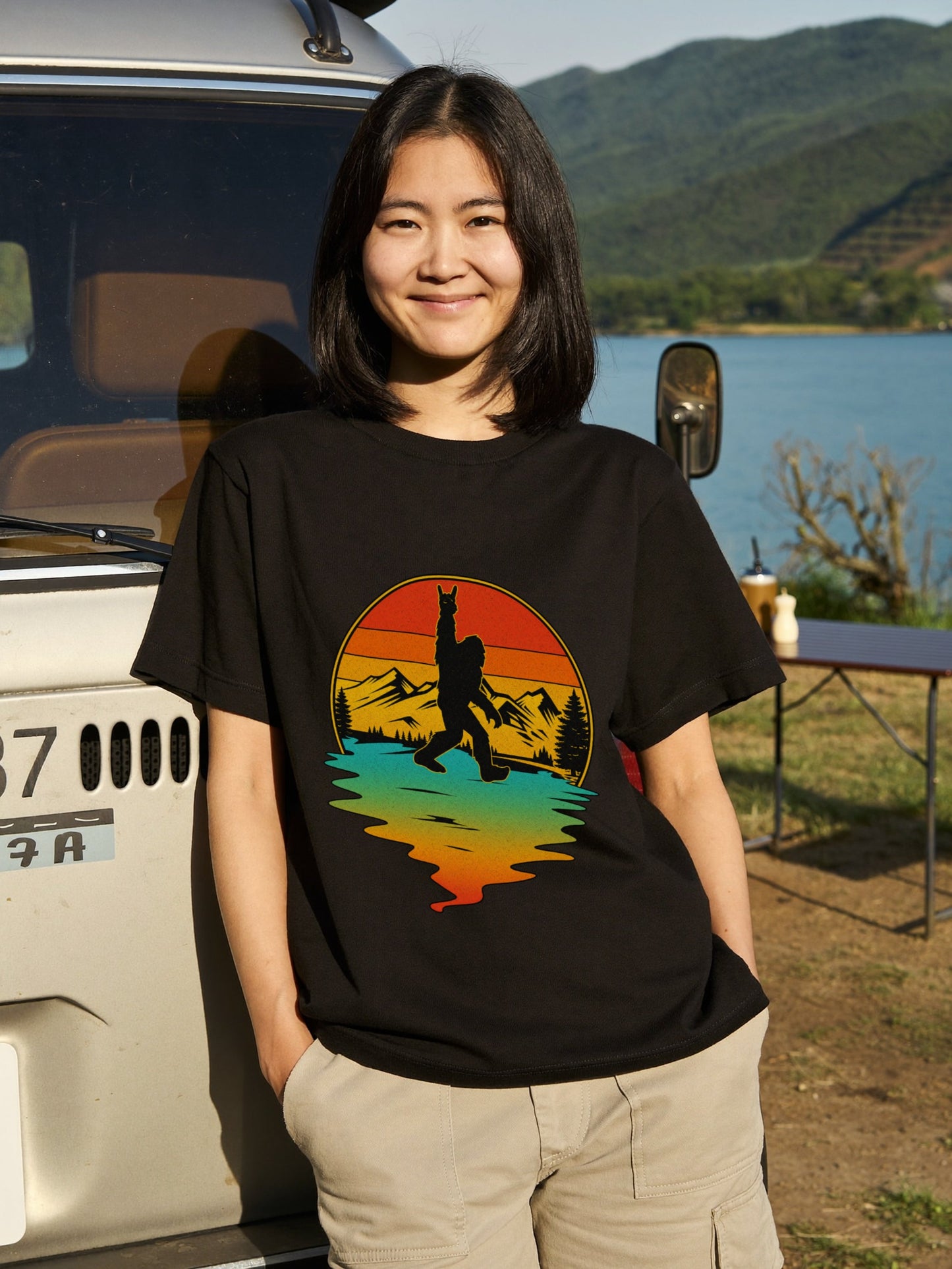 ビッグフットTシャツ｜ロックンロールTシャツ｜ビッグフットと夕日｜キャンプTシャツ