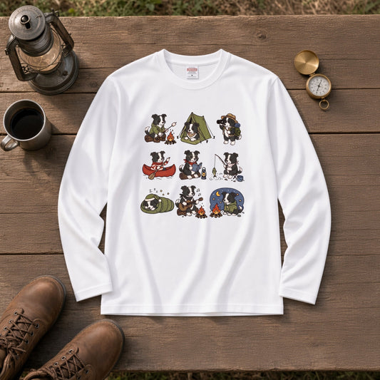 BORDER COLLIE CAMP | 手描き風 ボーダーコリー キャンプギア かわいい グラフィック 長袖Tシャツ【犬雑貨・秋キャンプ・ルームウェア・ギフトに最適】