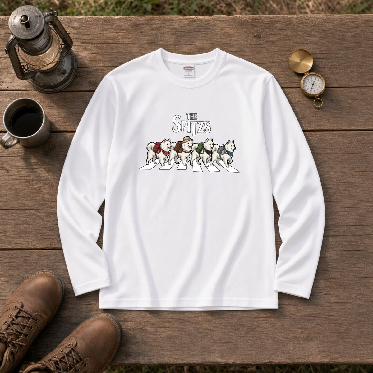 THE SPITZS 日本スピッツ散歩デザイン ブラック長袖Tシャツ