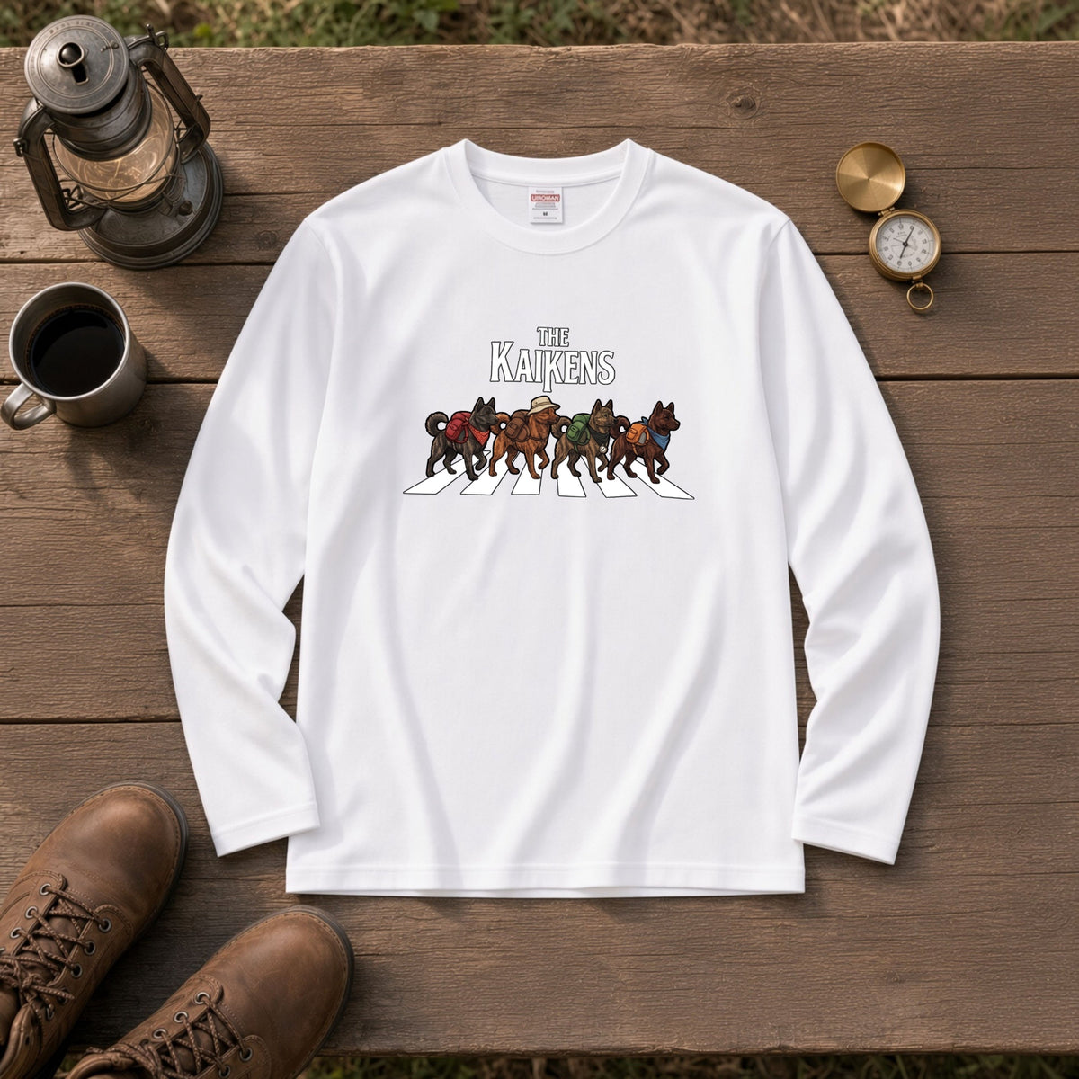 THE KAIKENS 甲斐犬散歩デザイン ブラック長袖Tシャツ