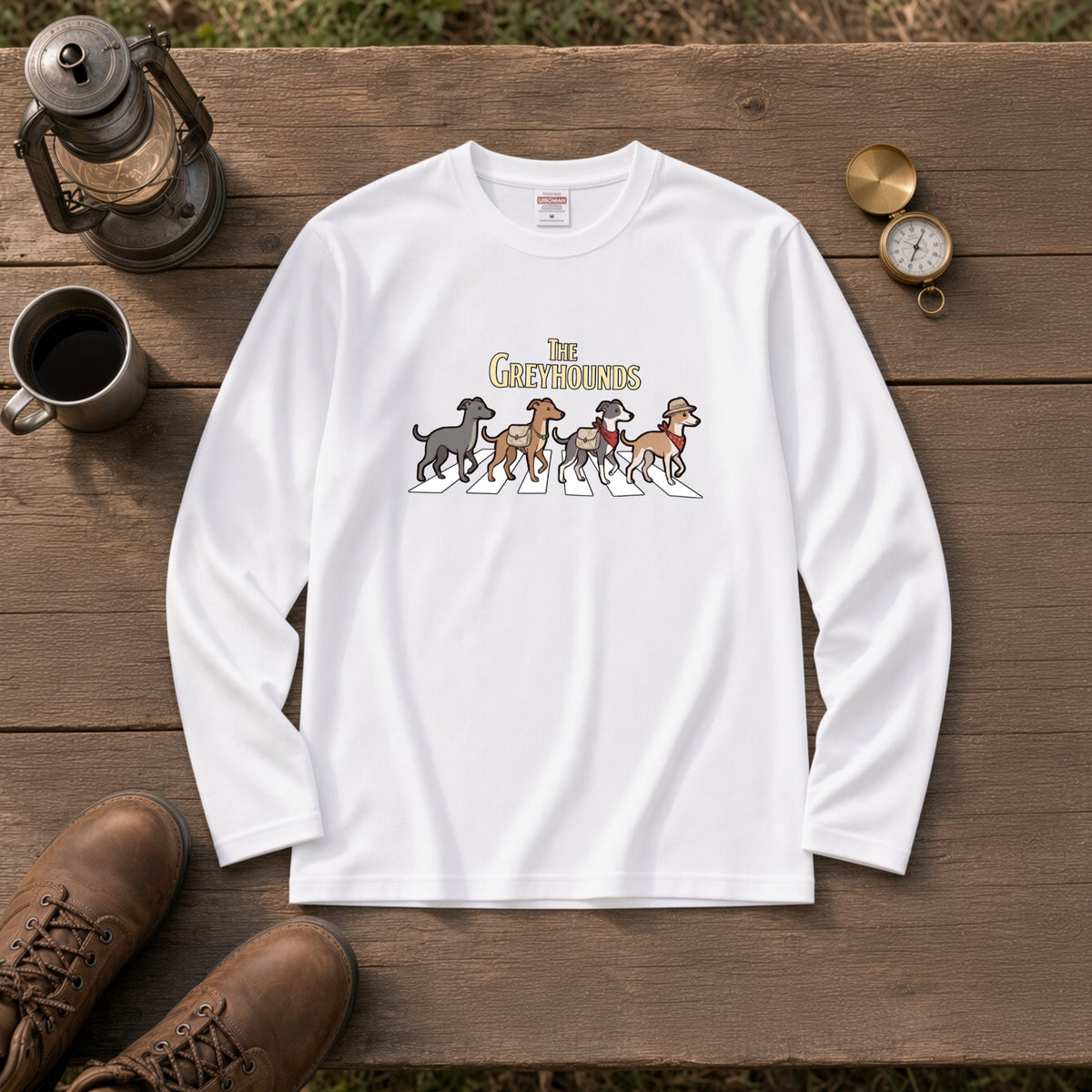 THE GREYHOUNDS グレイハウンド散歩デザイン ブラック長袖Tシャツ