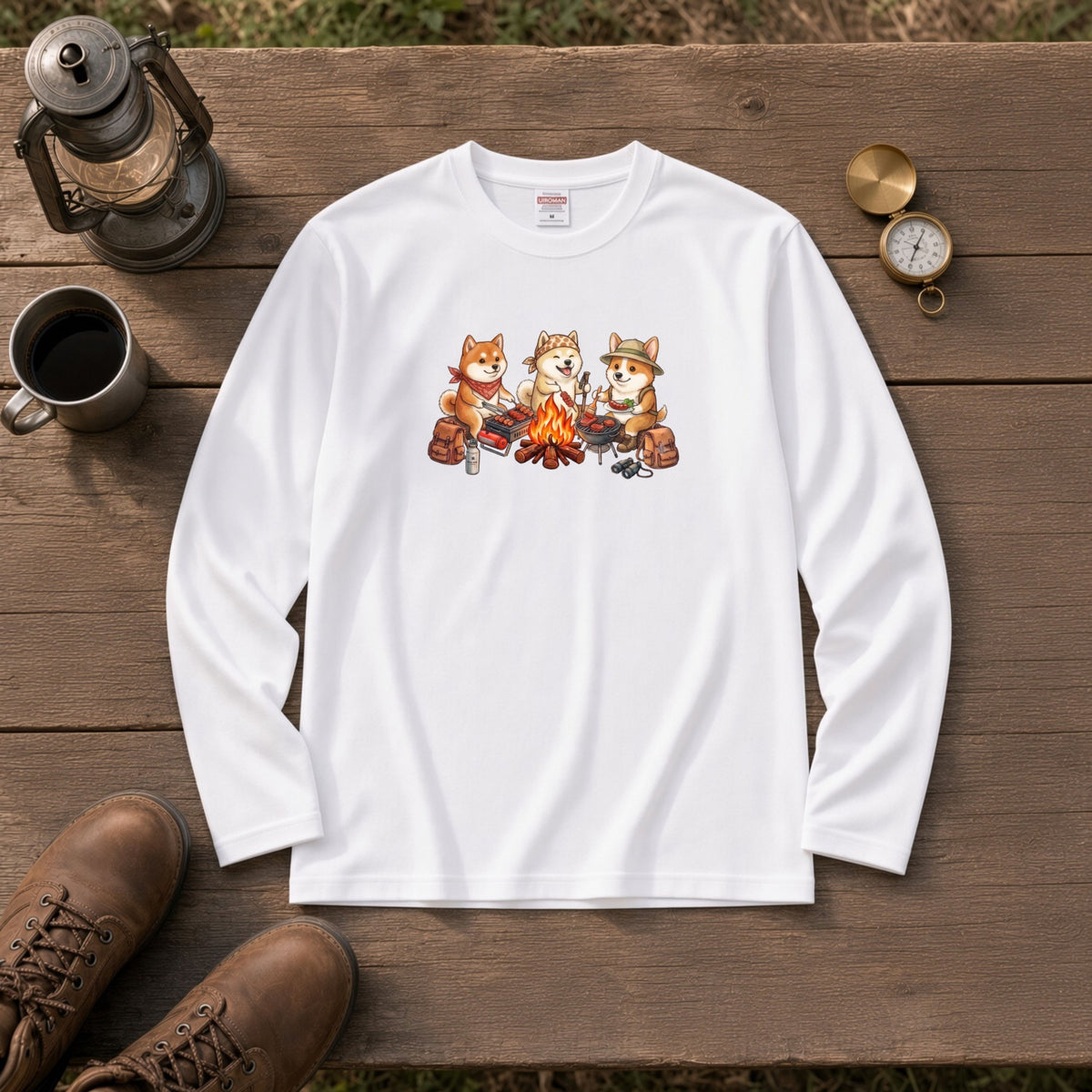 柴犬たちの焚き火BBQ 長袖Tシャツ