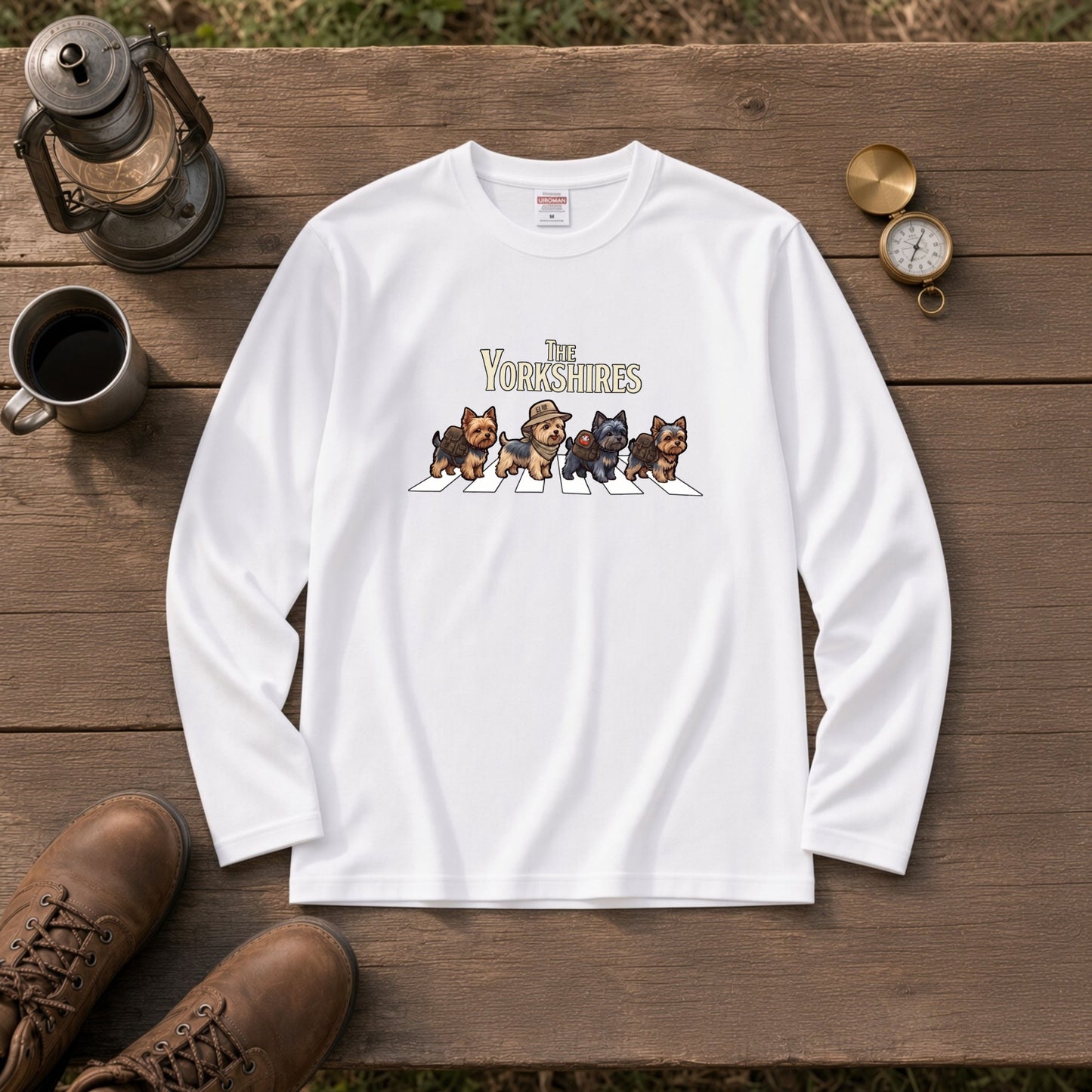 THE YORKSHIRES ヨークシャーテリア散歩デザイン ブラック長袖Tシャツ