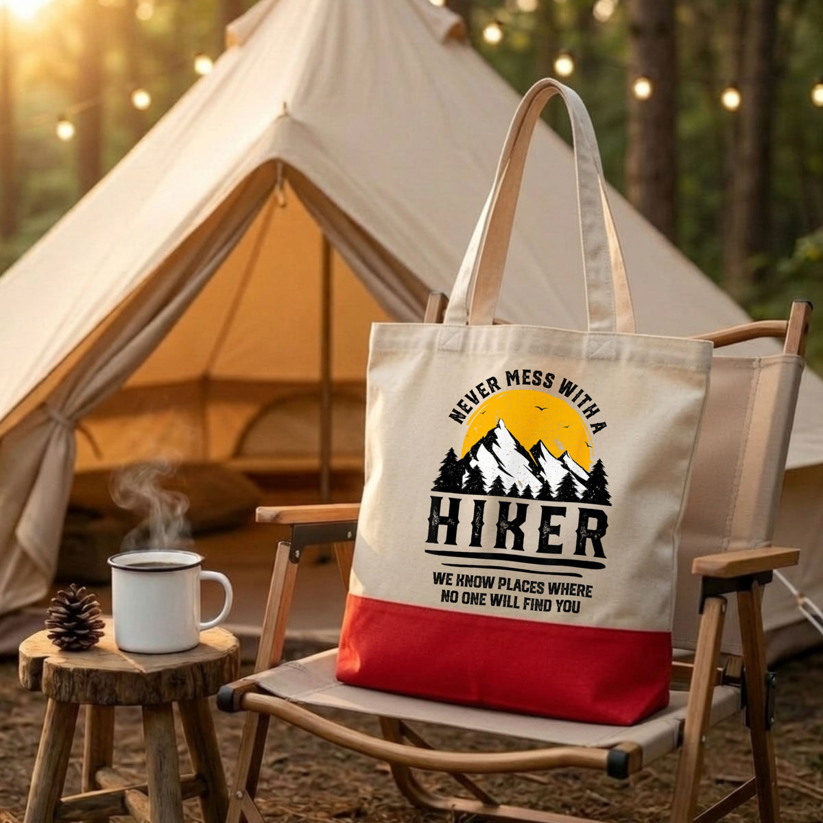 【ハイカー・登山家】「NEVER MESS WITH A HIKER」キャンバストートバッグ | CAMPMODE