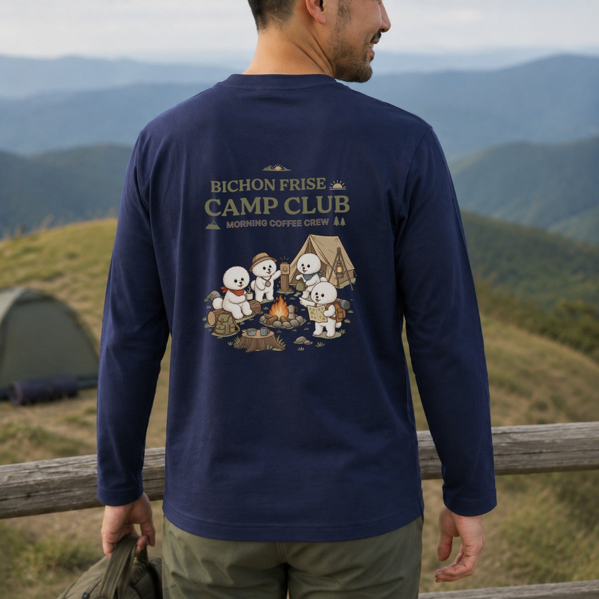 BICHON FRISE CAMP CLUB ビションフリーゼ キャンプ バックプリント長袖Tシャツ