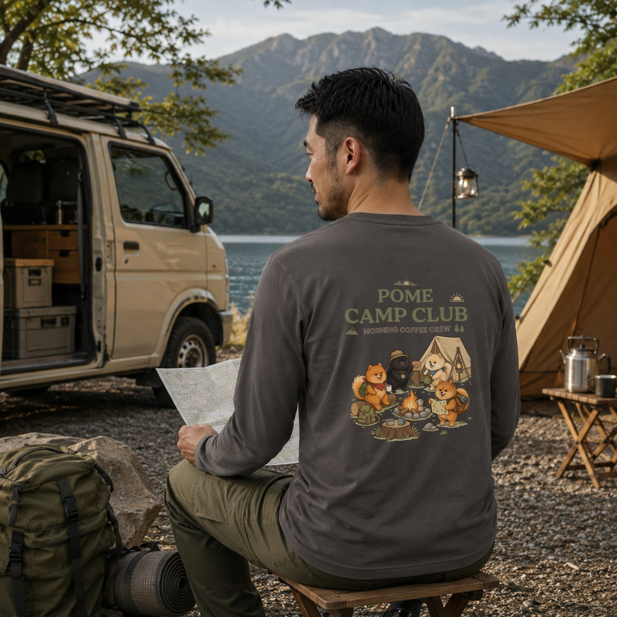 POME CAMP CLUB ポメラニアン キャンプ バックプリント長袖Tシャツ
