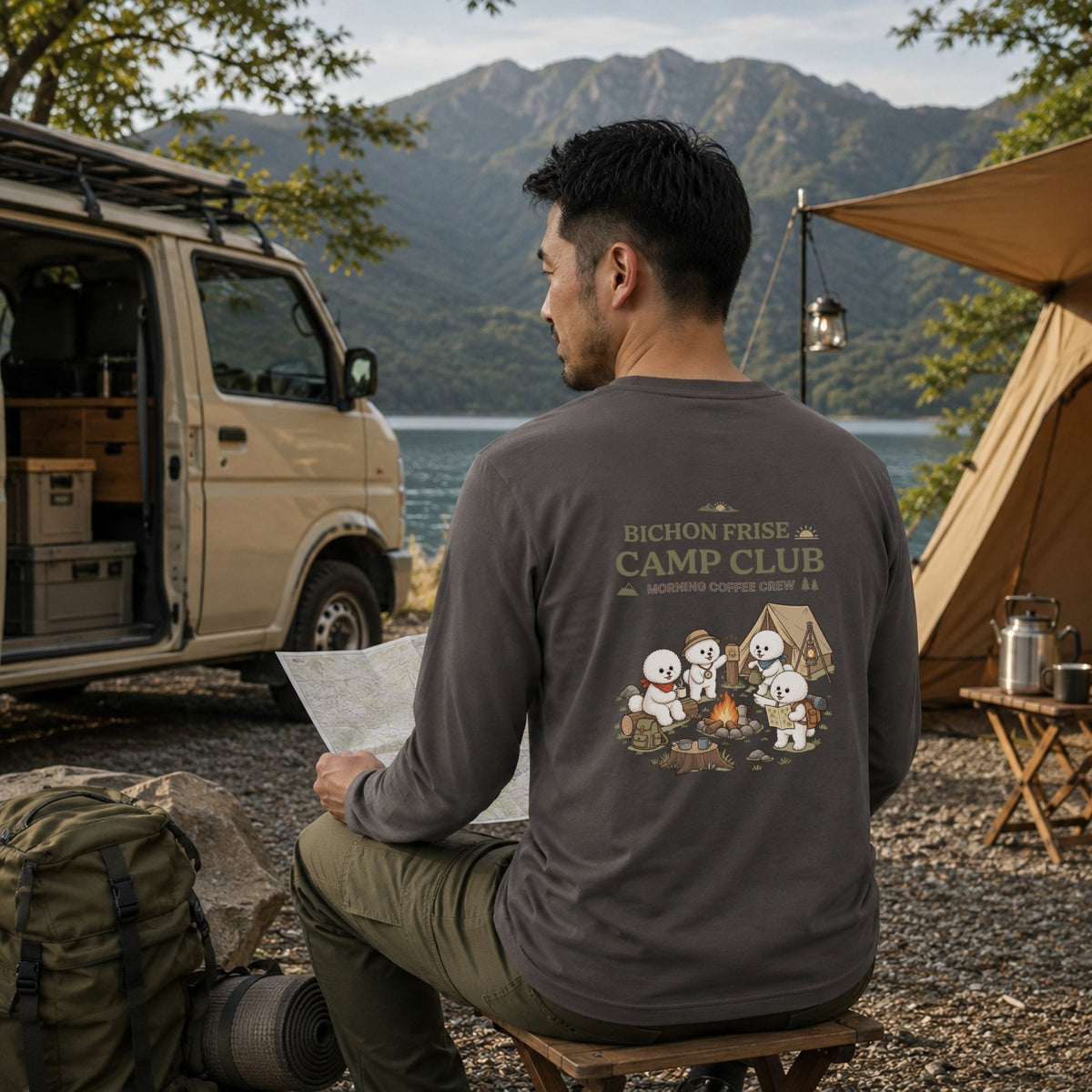 BICHON FRISE CAMP CLUB ビションフリーゼ キャンプ バックプリント長袖Tシャツ