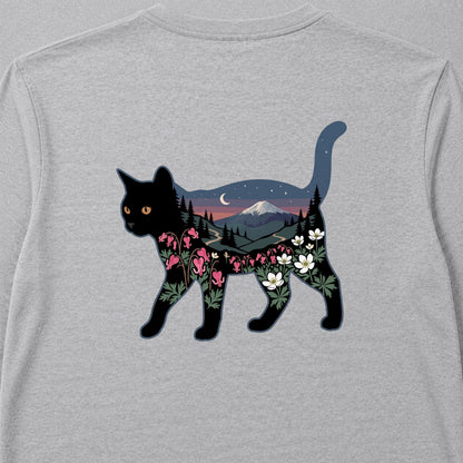 富士山と花咲く夜空 黒猫ロングスリーブTシャツ｜バックプリント