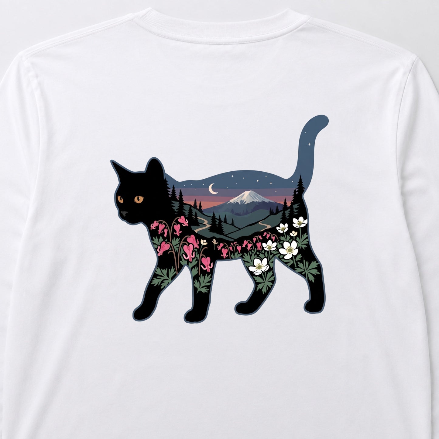 富士山と花咲く夜空 黒猫ロングスリーブTシャツ｜バックプリント