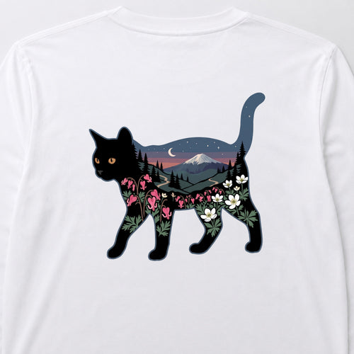 Mount Fuji Night Sky Floral Black Cat Long Sleeve T-Shirt
