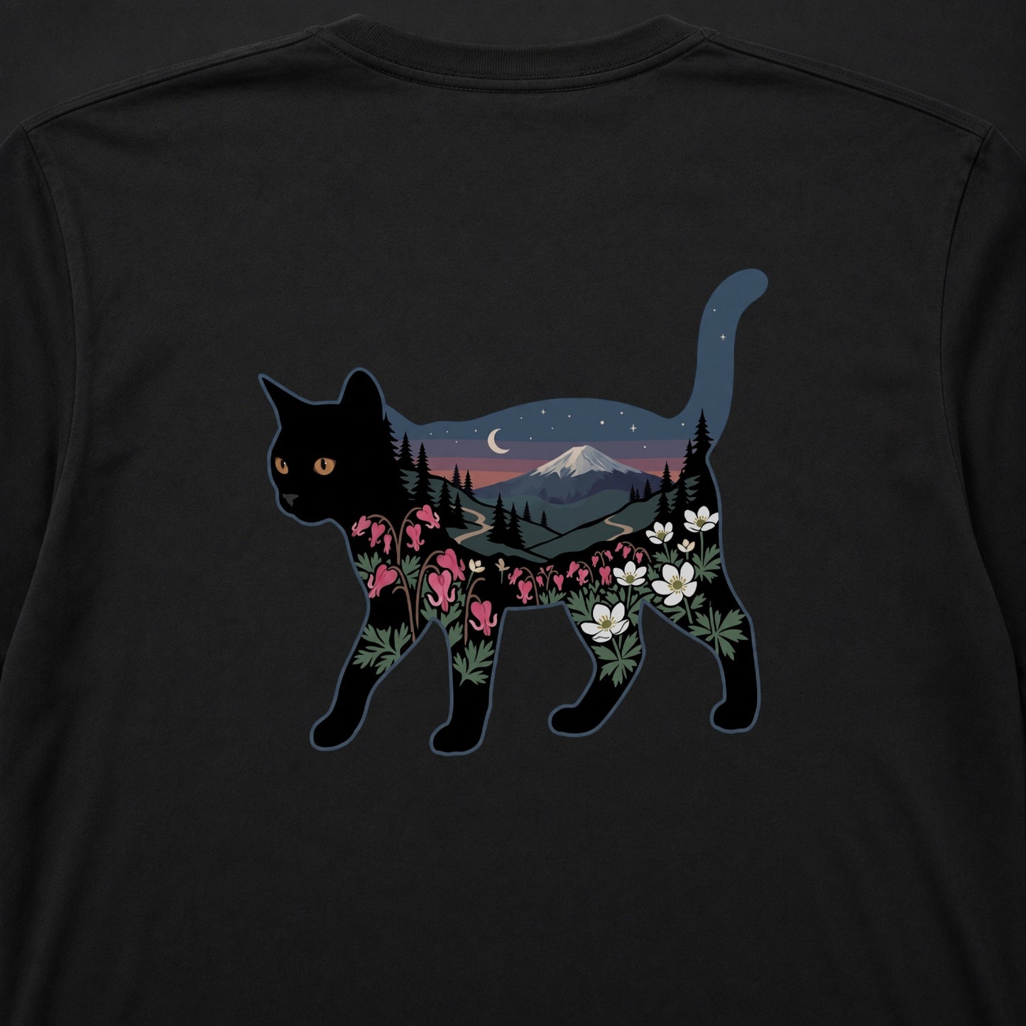 富士山と花咲く夜空 黒猫ロングスリーブTシャツ｜バックプリント