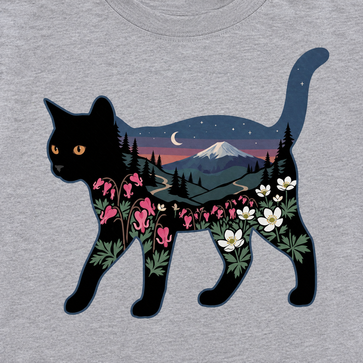 富士山と花咲く夜空 黒猫Tシャツ
