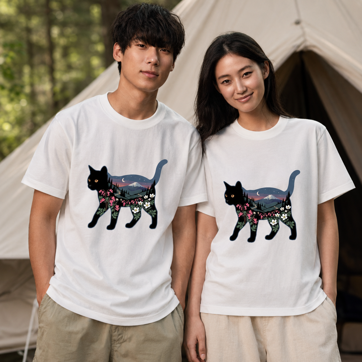 富士山と花咲く夜空 黒猫Tシャツ