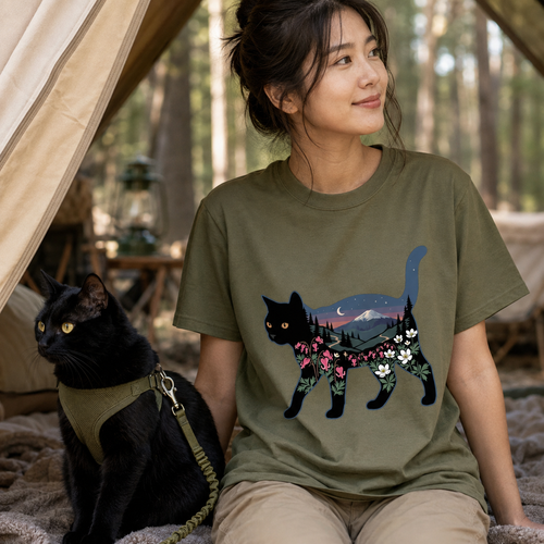 Mount Fuji Night Sky Floral Black Cat T-Shirt