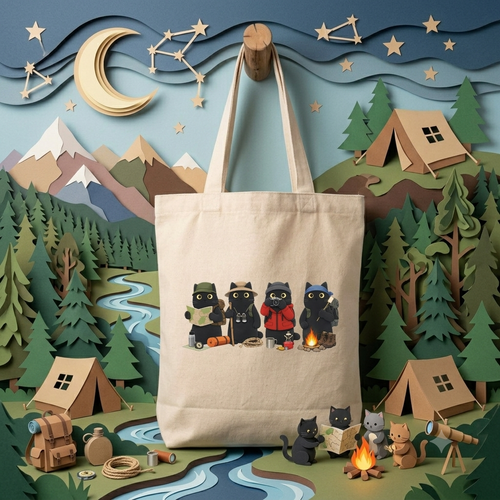 Camping Black Cats Campfire Canvas Tote Bag