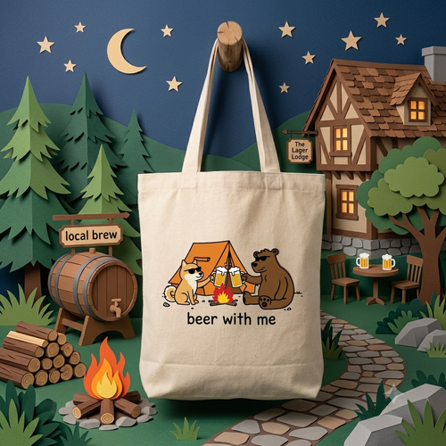 Bear With Me Dog And Bear Camping Canvas Tote Bag