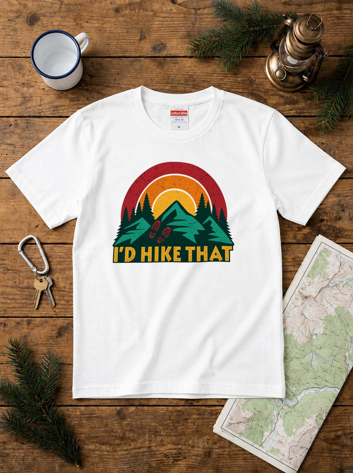「I'd hike that」ハイキング Tシャツ - レトロ サンセット（夕日）グラフィックTシャツ 登山 キャンプ 服
