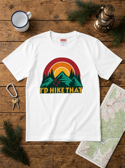 「I'd hike that」ハイキング Tシャツ - レトロ サンセット（夕日）グラフィックTシャツ 登山 キャンプ 服