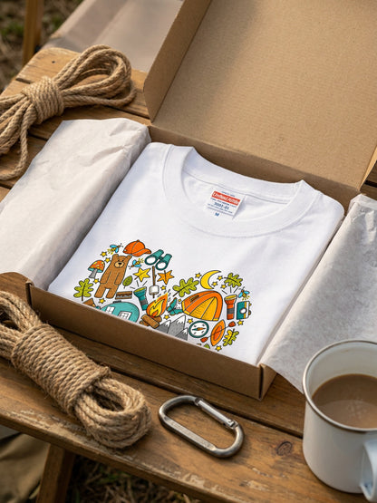 ハート型 キャンプ イラスト Tシャツ - かわいい 登山 アウトドア アイテム ハートデザイン 服