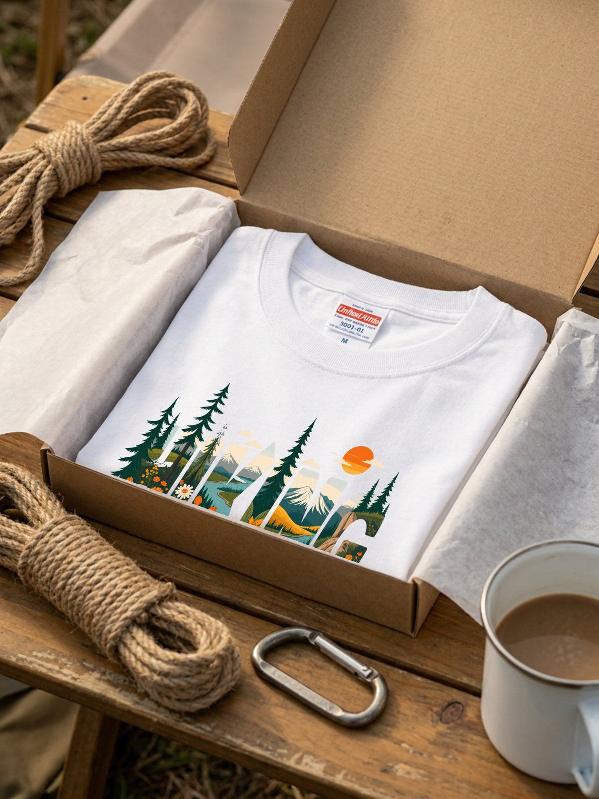 ヴィンテージ風 「HIKING」 文字 Tシャツ - レトロ 山脈 野花 イラスト グラフィックTシャツ 登山 服