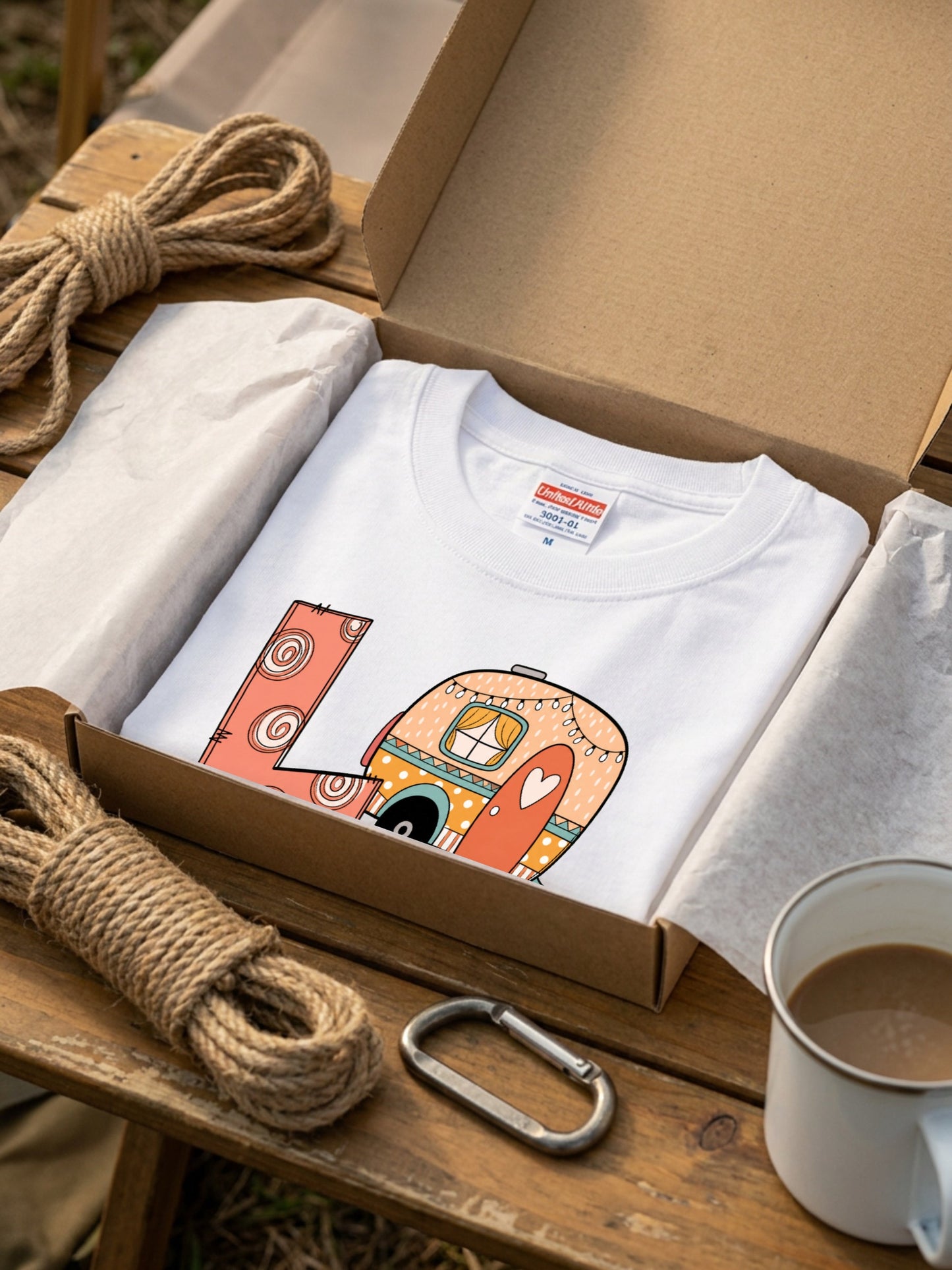 「LOVE」 キャンピング Tシャツ - かわいい レトロ キャンピングカー マシュマロ イラスト キャンプ 服