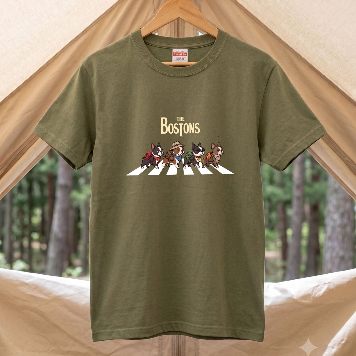 THE BOSTONS 横断歩道 キャンプ ゆるかわ Tシャツ 【犬好き・愛犬家・アウトドア・ギフトに最適】