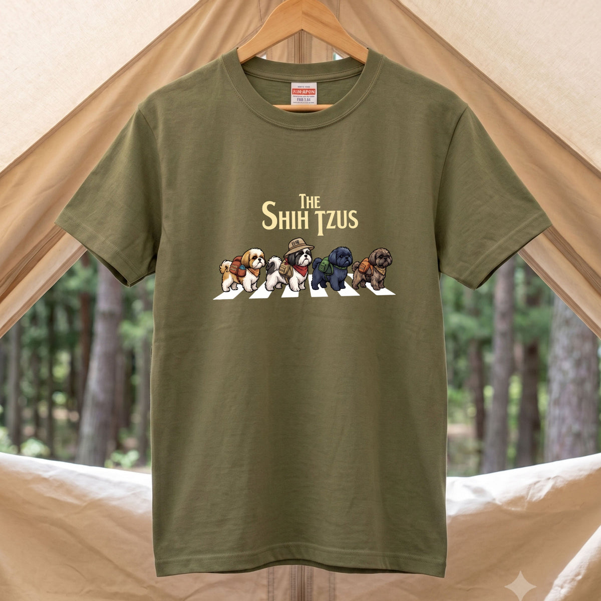 THE SHIH TZUS 横断歩道 キャンプ ゆるかわ パロディTシャツ 【犬好き・愛犬家・アウトドア・ギフトに最適】