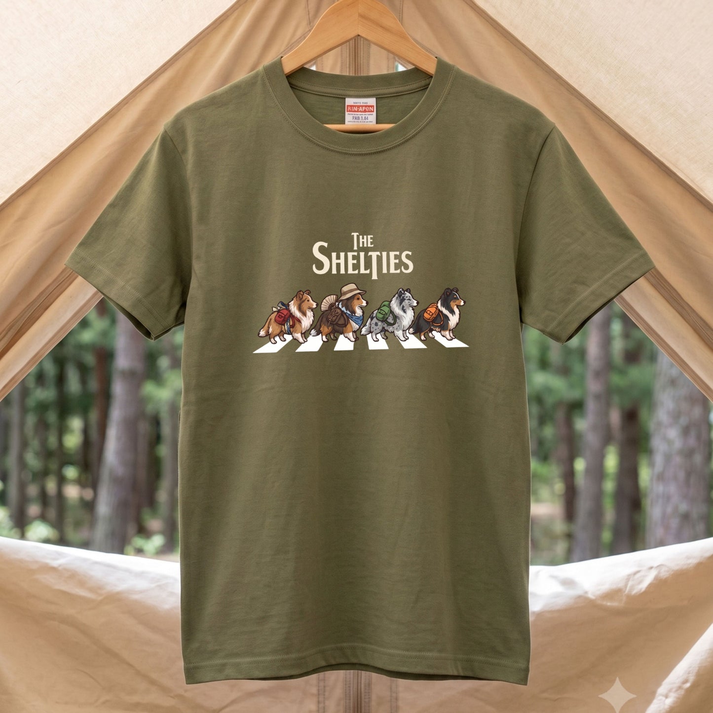 THE SHELTIES 横断歩道 キャンプ ゆるかわ Tシャツ 【犬好き・愛犬家・アウトドア・ギフトに最適】