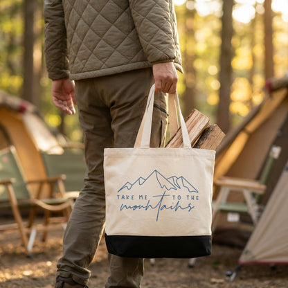 「TAKE ME TO THE mountains」ラインアート山脈 キャンバストートバッグ | CAMPMODE