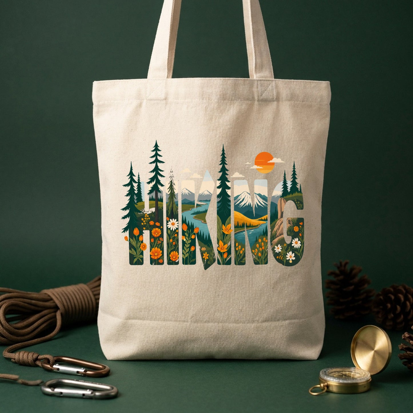 「HIKING」自然風景タイポグラフィ キャンバストートバッグ | CAMPMODE