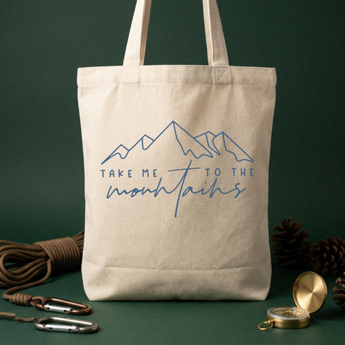Take Me To The Mountains Blue Line Art Canvas Tote Bag