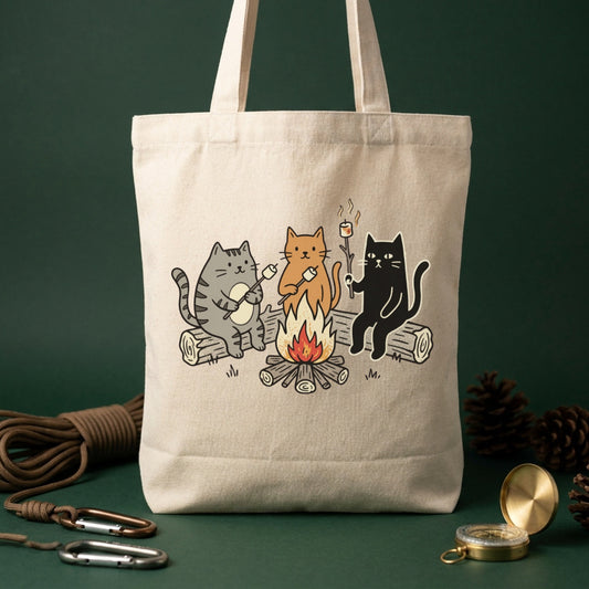 Camping Cats Campfire Two-Tone Canvas Tote Bag