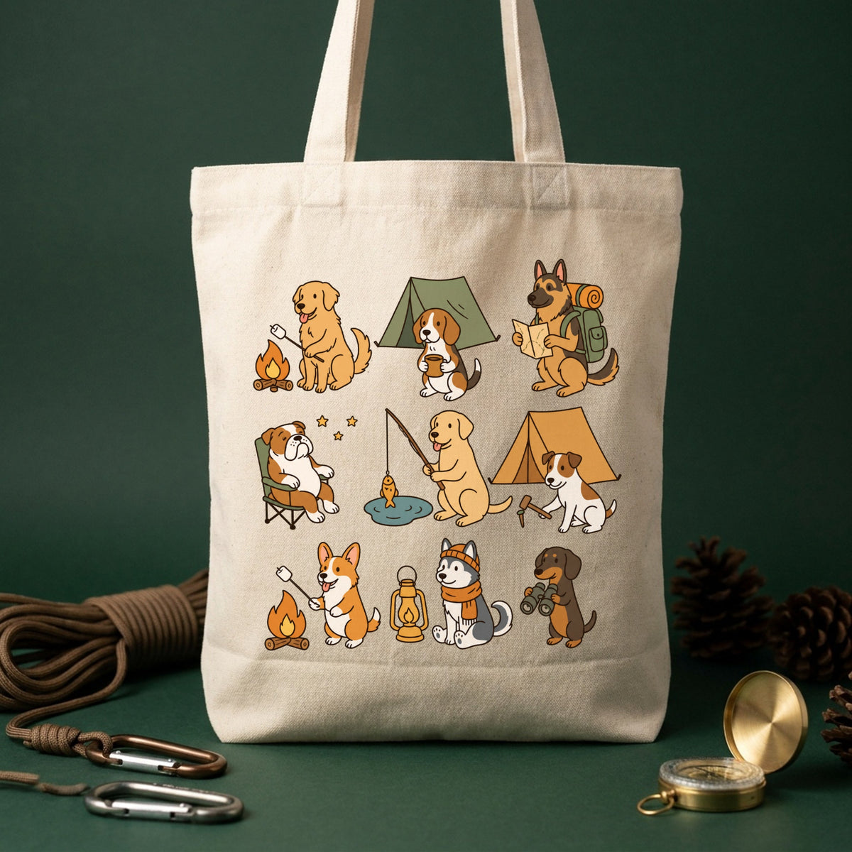 「キャンプ犬アイコン」9つのアクティビティ キャンバストートバッグ | CAMPMODE