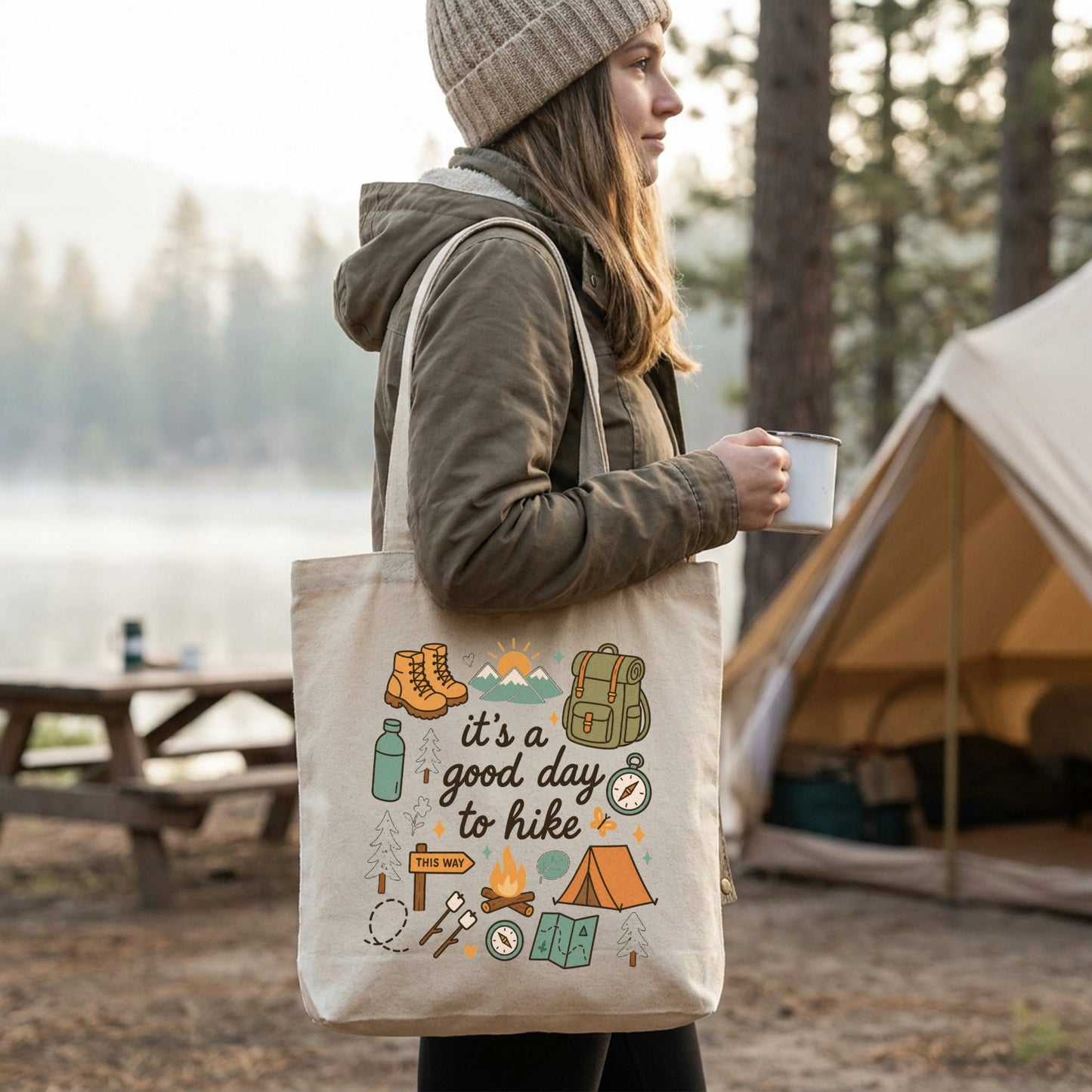 「it's a good day to hike」レトロハイキング キャンバストートバッグ | CAMPMODE