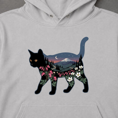 富士山と花咲く夜空 黒猫パーカー