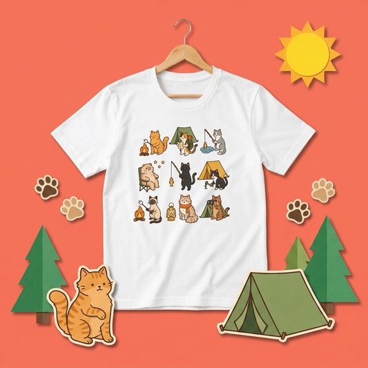 Cute Cat Camping Graphic T-Shirt For Cat Lovers
