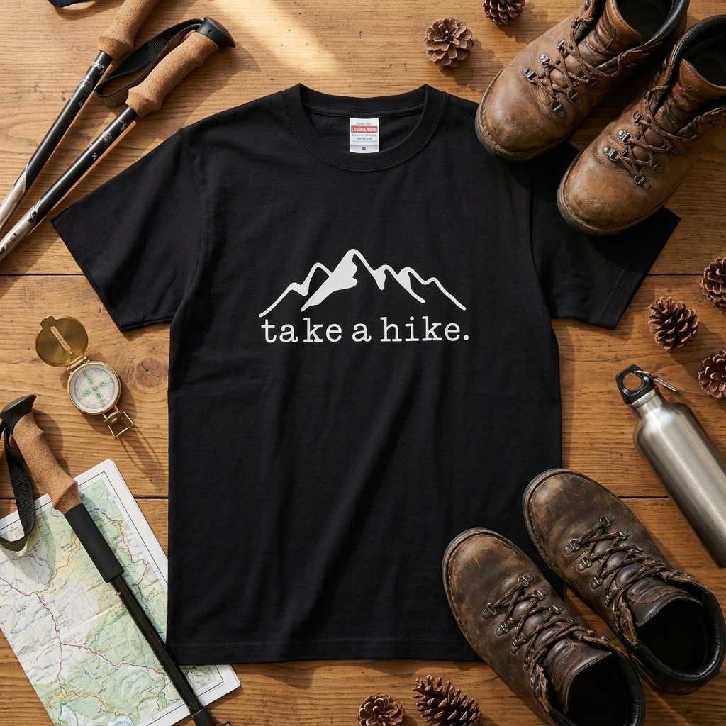 「Take a hike」山 Tシャツ - ミニマル マウンテン グラフィックTシャツ アウトドア 登山 キャンプ 服