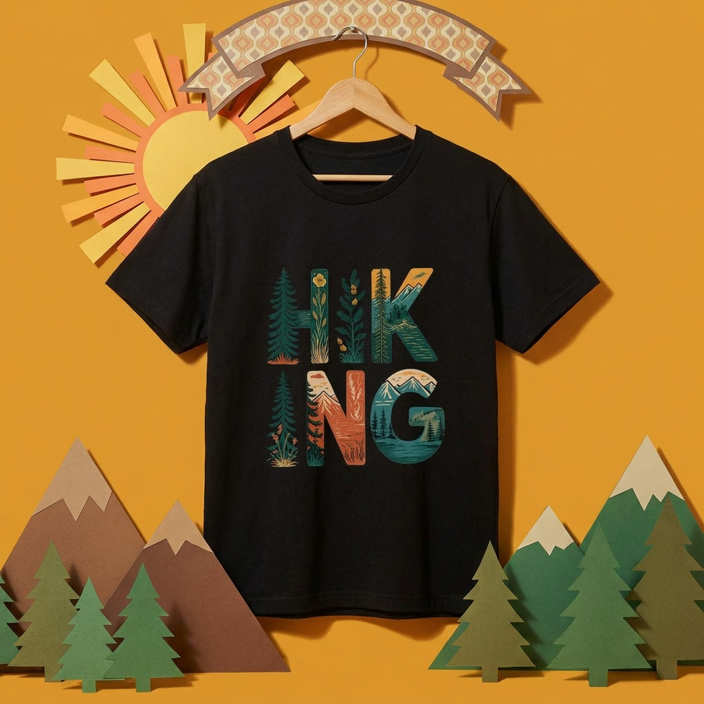 ヴィンテージ風 「HIKING」 文字ロゴ Tシャツ - レトロ マウンテン 風景 グラフィックTシャツ アウトドア 登山
