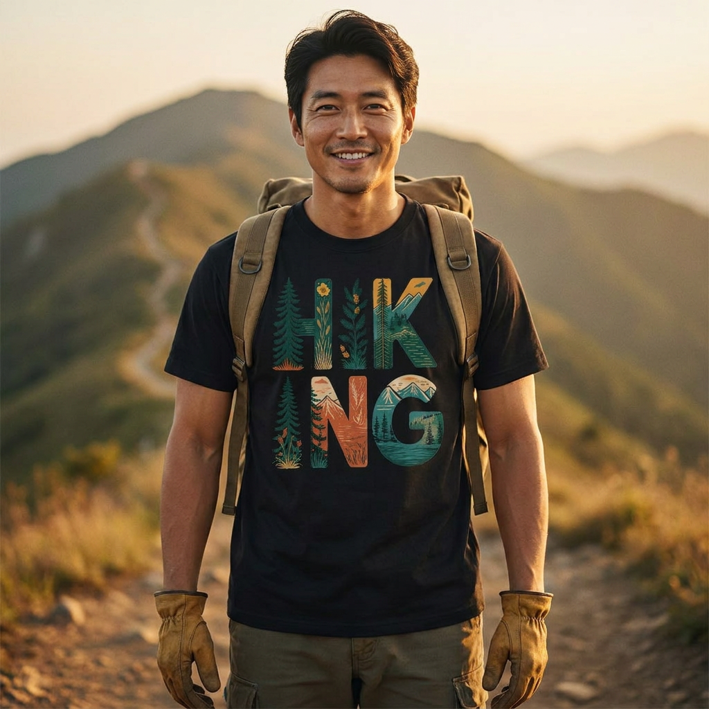ヴィンテージ風 「HIKING」 文字ロゴ Tシャツ - レトロ マウンテン 風景 グラフィックTシャツ アウトドア 登山