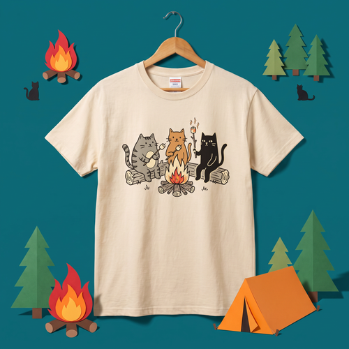 Three Cats Campfire Marshmallow Graphic T-Shirt