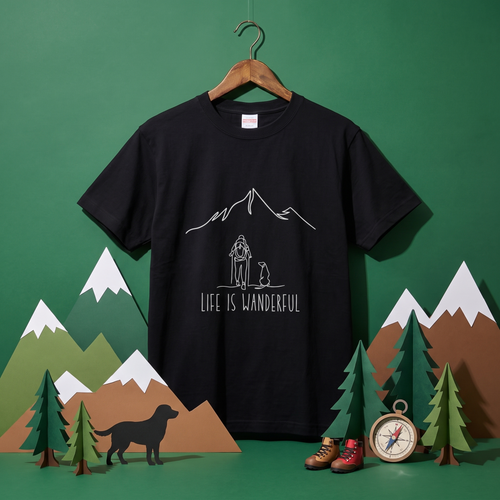 Life Is Wanderful Hiking Dog Mountain Line Art T-Shirt