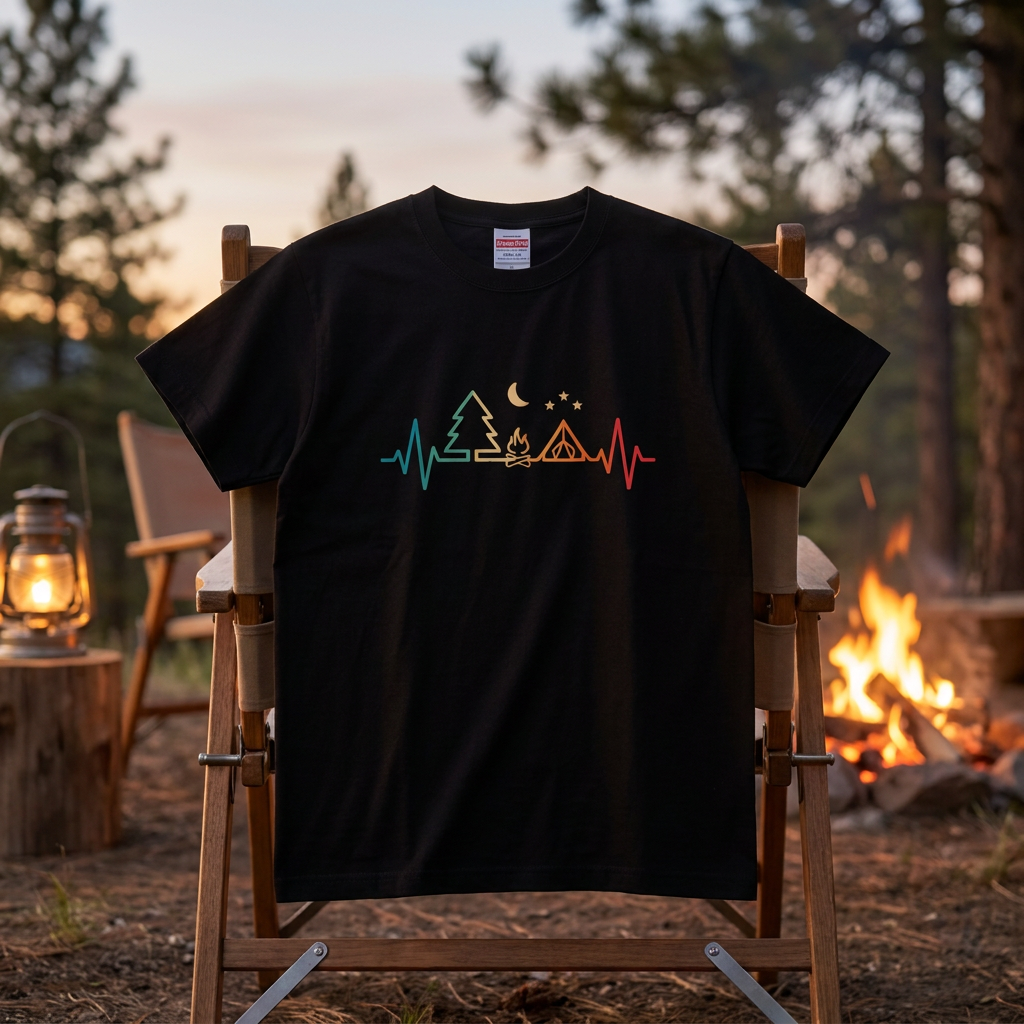 「Camping Heartbeat」レトロ グラデーション Tシャツ - アウトドア ウェア | CAMPMODE