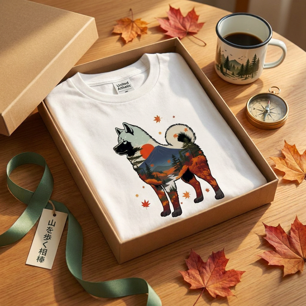 【Akita】日本犬好き＆アウトドア愛好者必見！秋田犬風景白Tシャツ